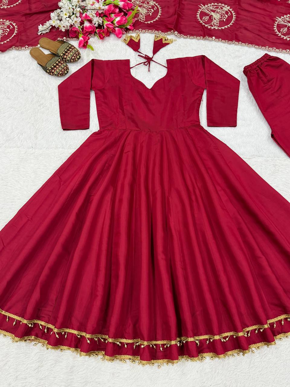 Regal Crimson Red Flared Anarkali Suit Set Adorned with Heritage Gold Motifs and Pearl-Embellished Scalloped Borders